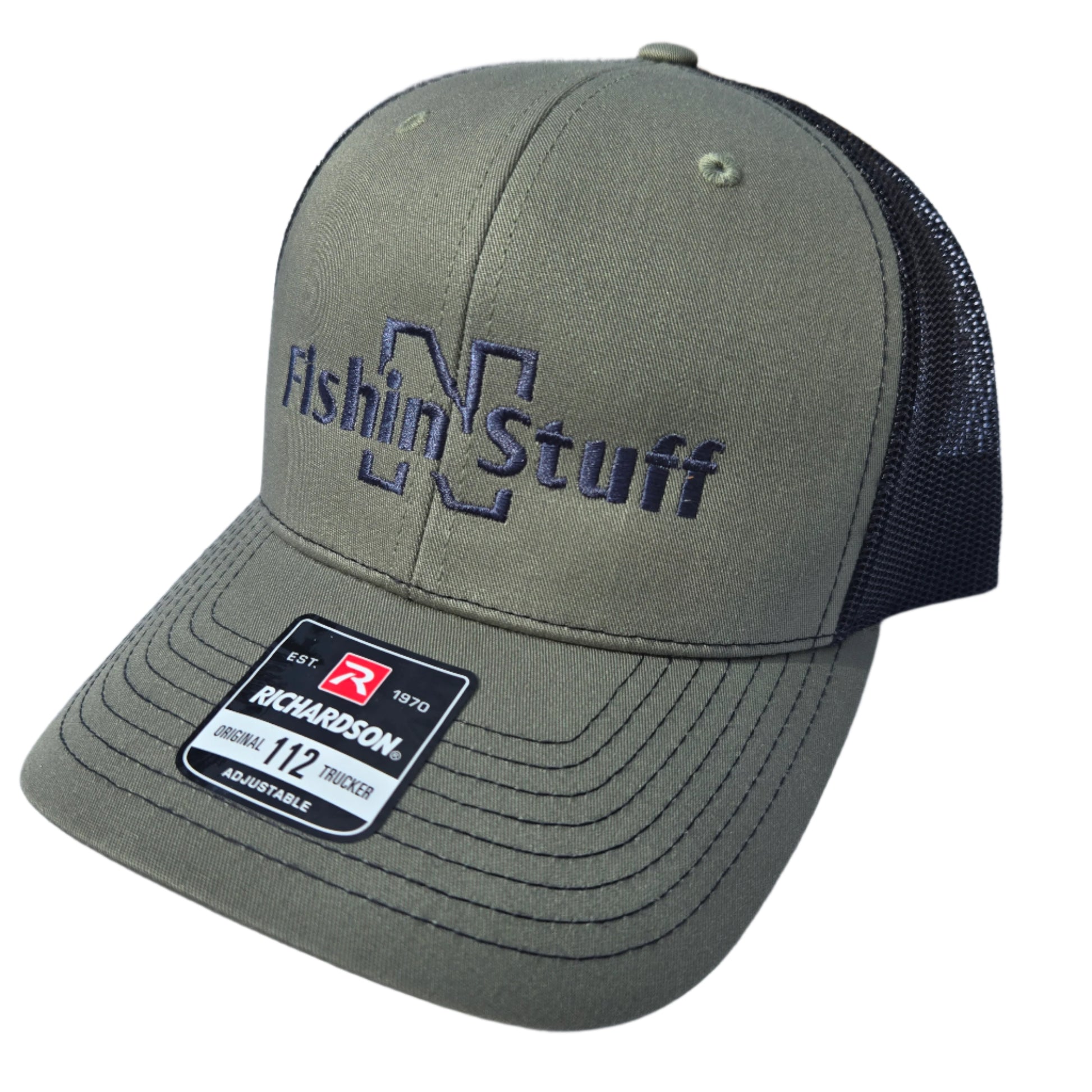 Green cap with 'Fishing Stuff' logo and Richardson label on a textured surface
