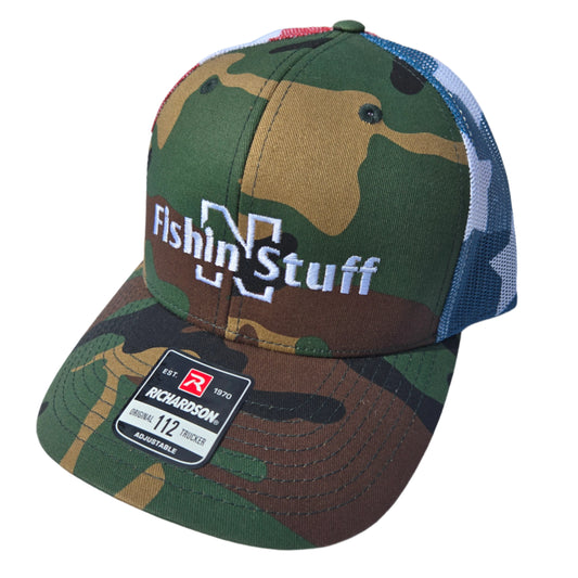 Camouflage baseball cap with 'Fishing Stuff' logo on a white background